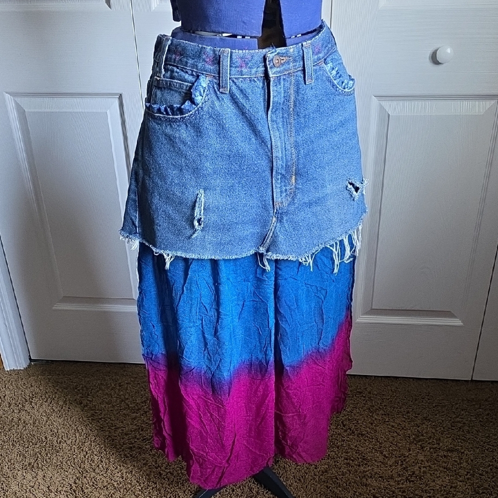 Upcycled Red and Blue Tiered Distressed Midi Blue Jean Skirt - Picture 3 of 12